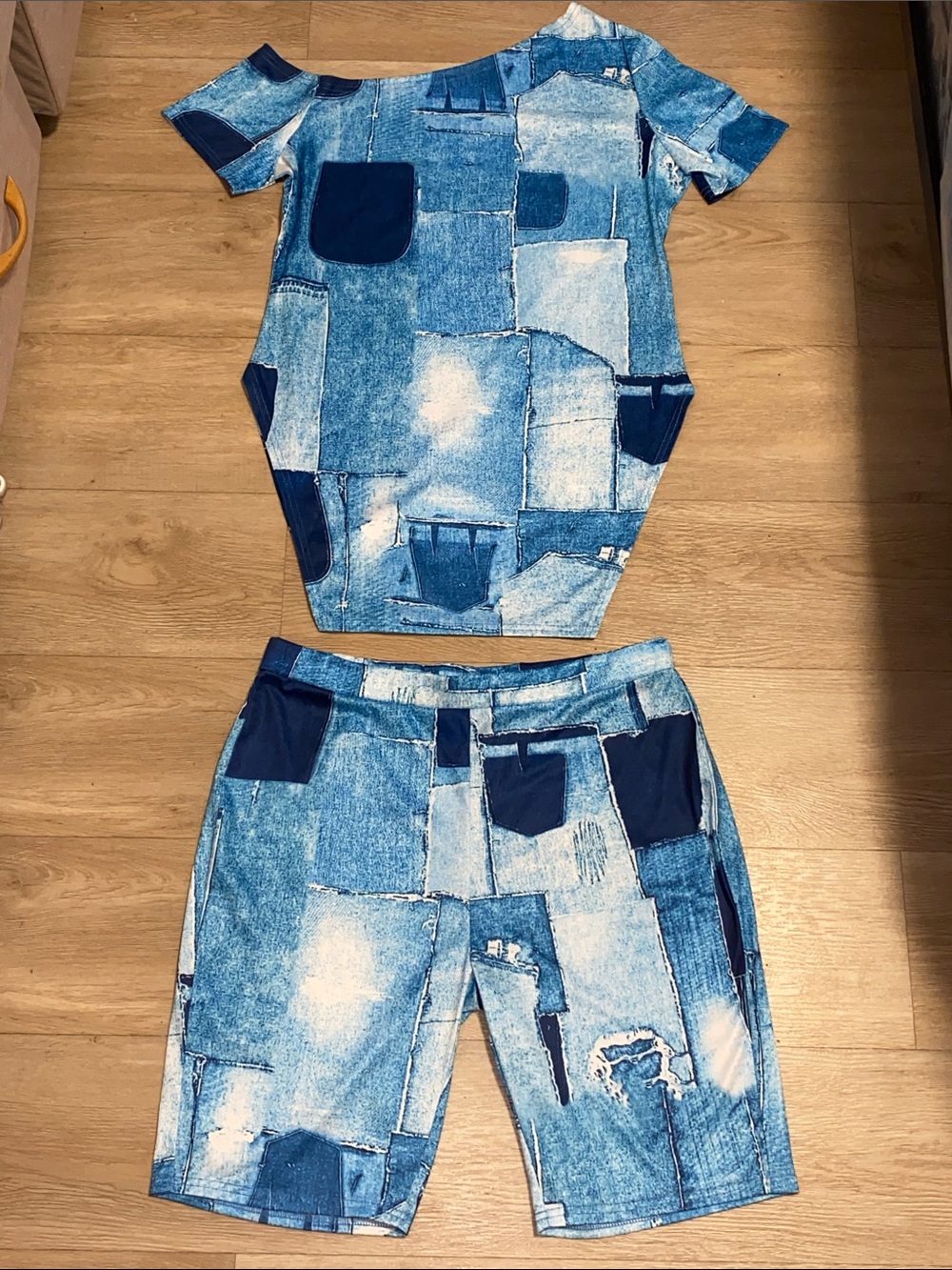 Blue Denim Patchwork Print Two-Piece Set Y2K Co-Ord Shorts/Top